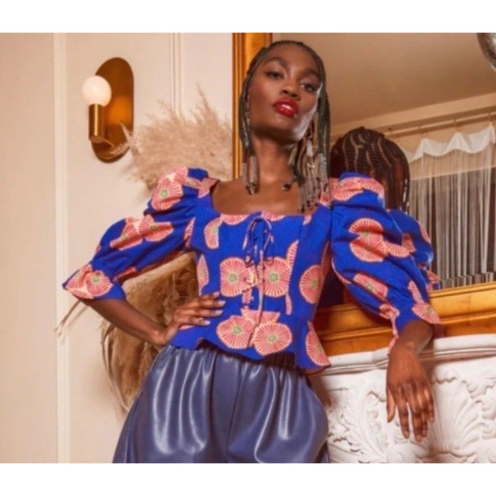 Autumn Adeigbo Mallory Puff Sleeve Lace-Up Peplum Top Blue Pink Geometric 2 / XS
